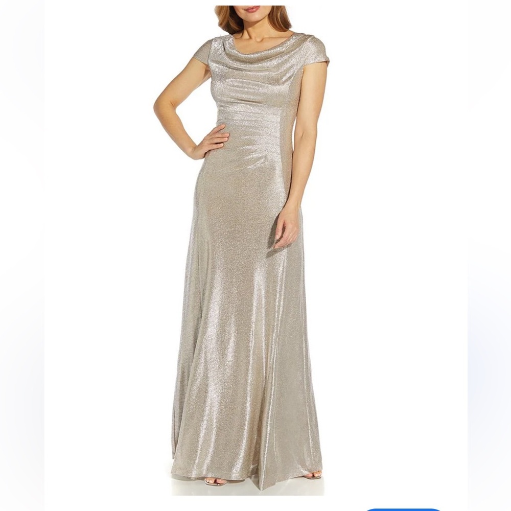 Alex Evenings Gold Metallic Gown 8P Formal Evening Dress Cowl Neck Wedding Guest